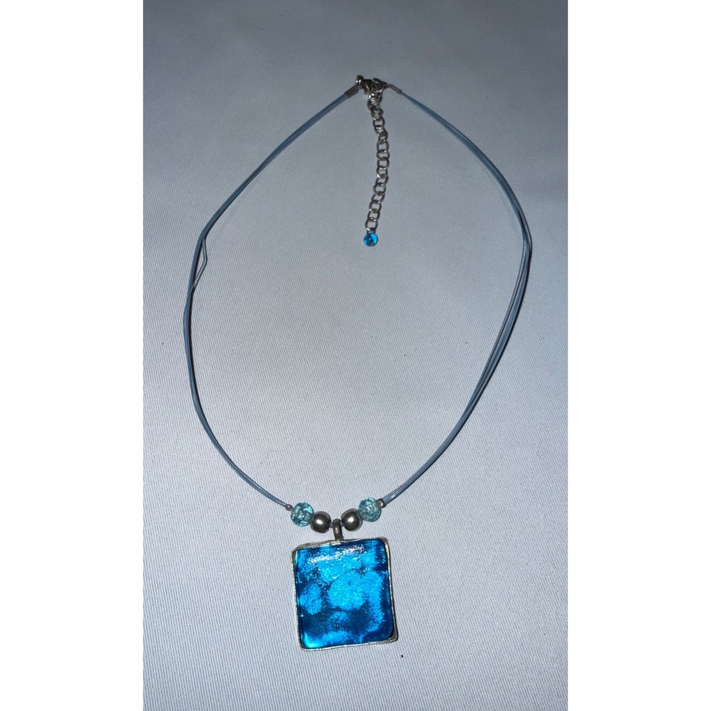 Blue Dichroic Glass Square Pendant Necklace Multi Strand Cord Artisan‎ Jewelry
